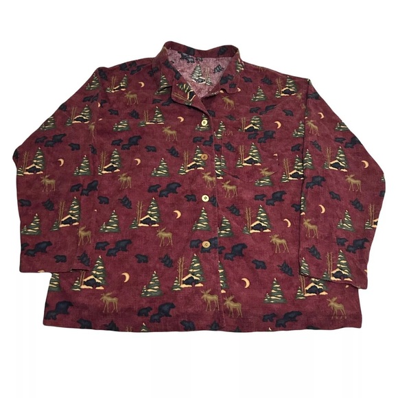 Vintage Bear Moose Forest All Over Print Fleece Long Sleeve Shirt Pajama Top - Picture 1 of 7